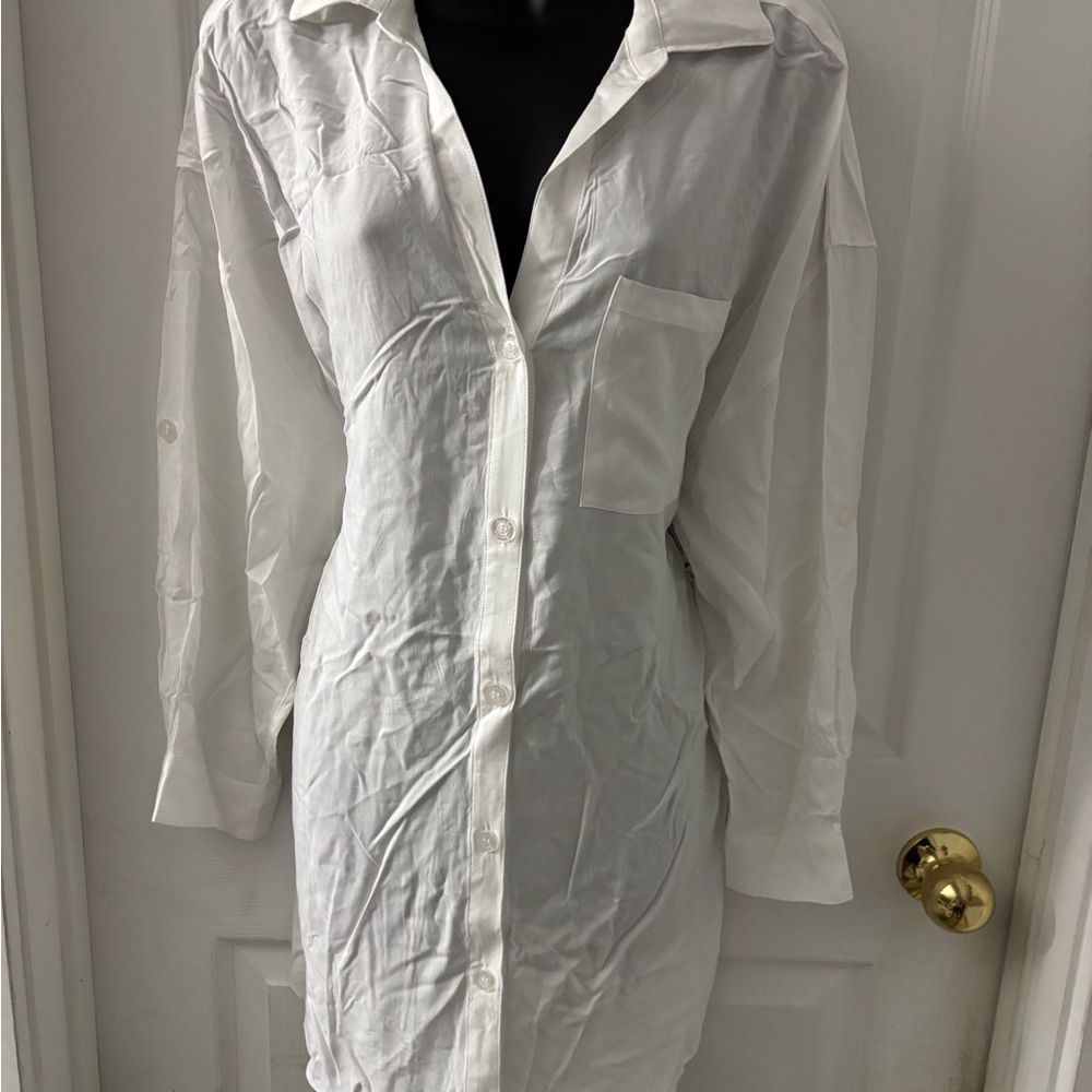 Anne Cole White Long Sleeve Notched Collar Dress